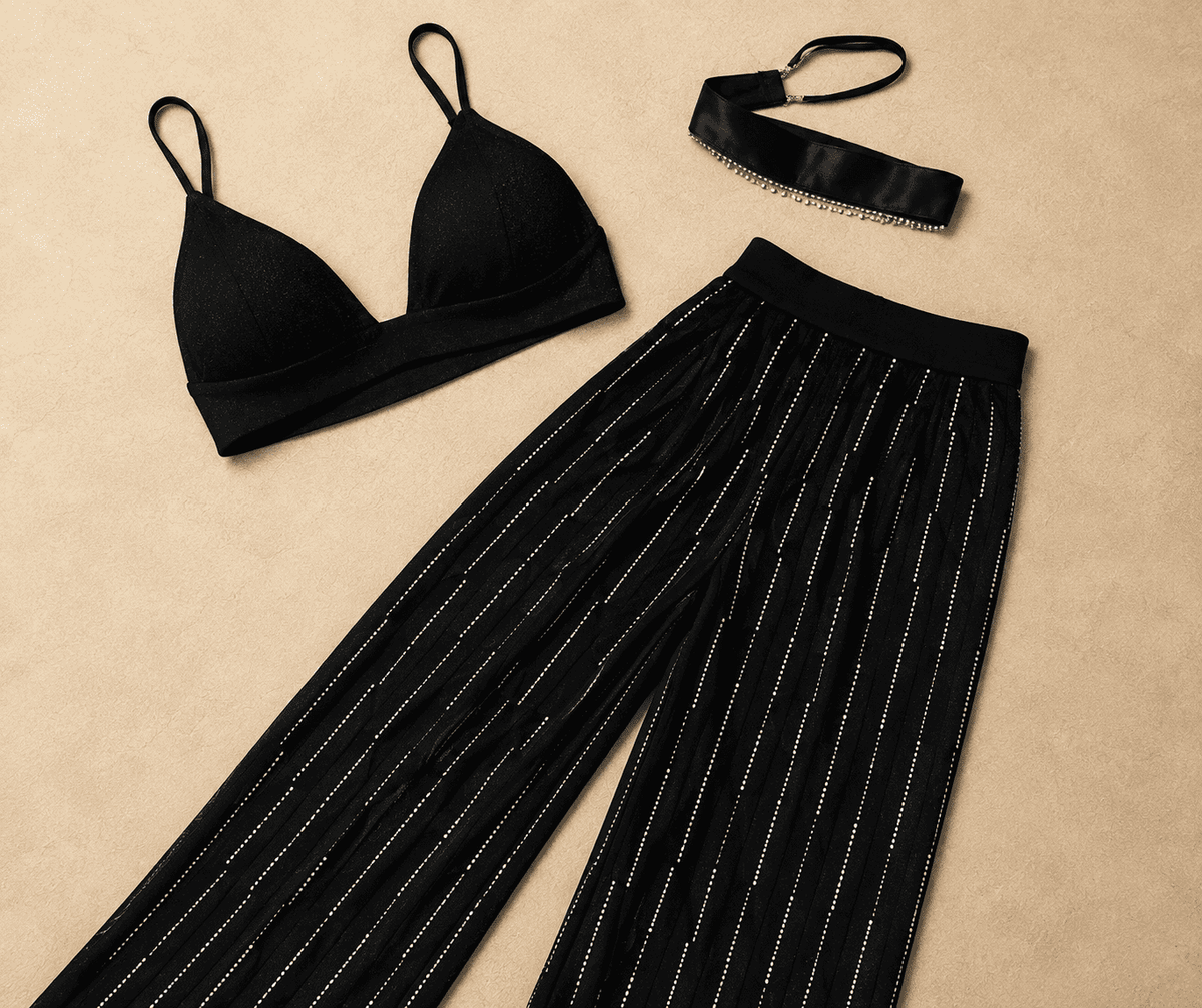 Conjunto Melina Calça + Cropped + Choker Strass - Preto