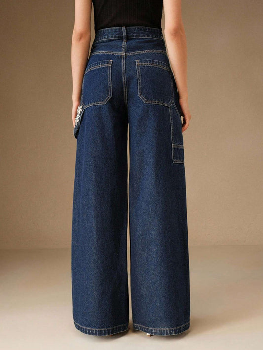 Calça Jeans Feminina Strass Flores Azul Escuro – Doce Malícia