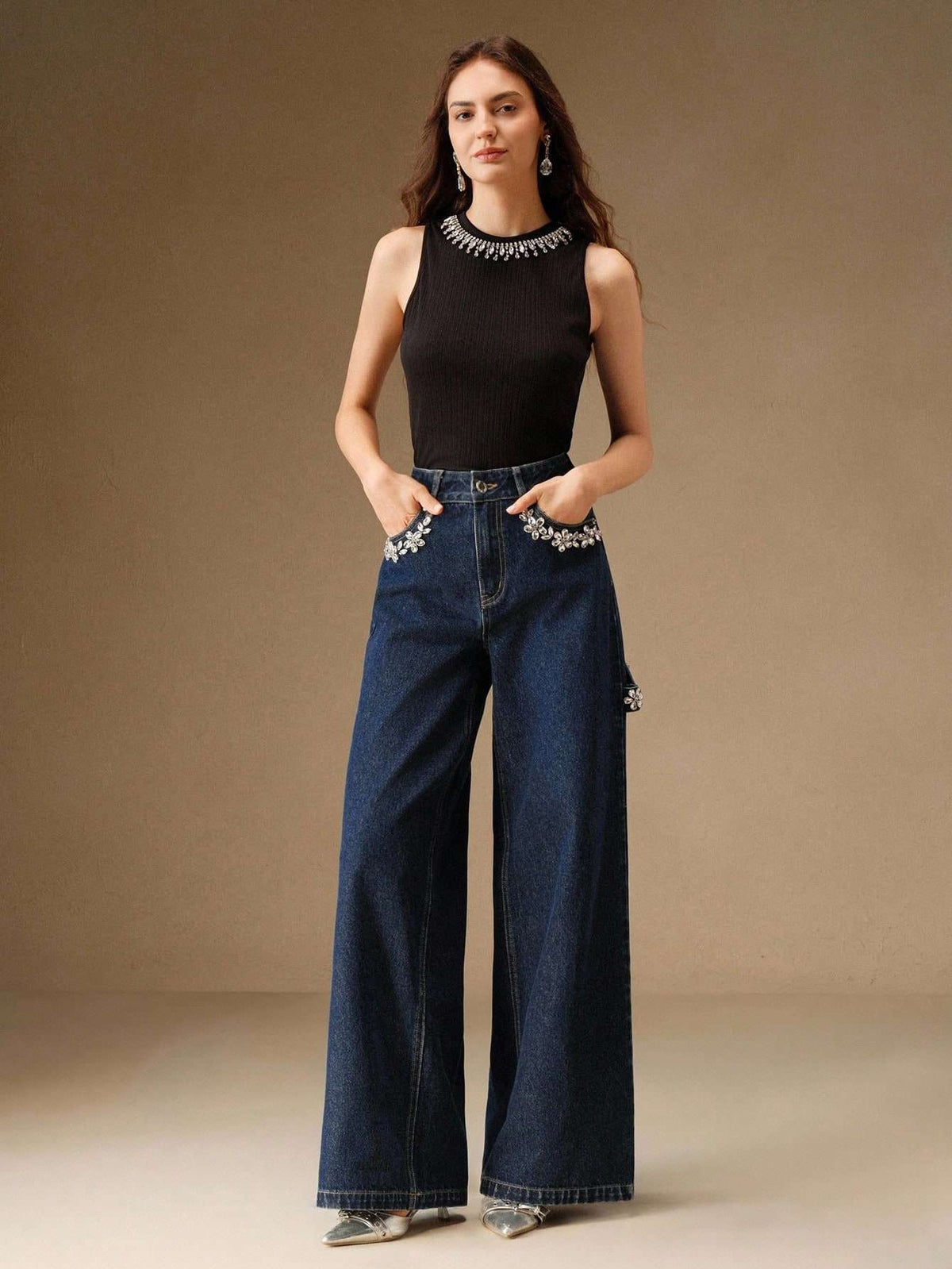 Calça Jeans Feminina Strass Flores Azul Escuro – Doce Malícia