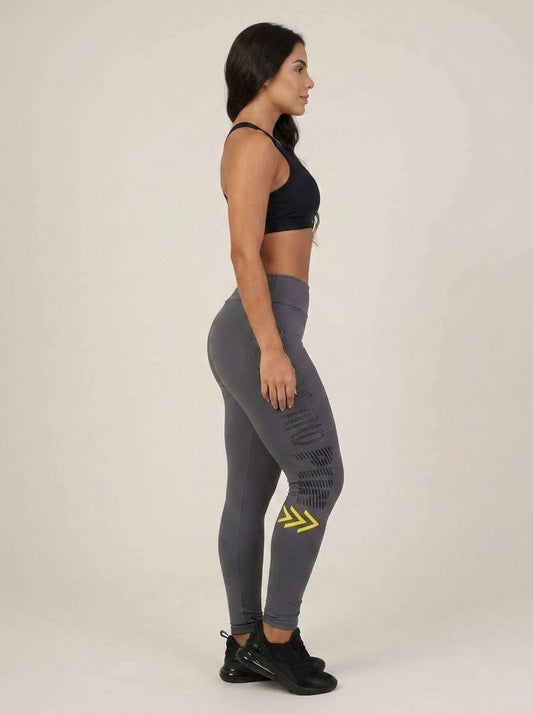 Calça Legging Fitness Feminina Cintura Alta Cinza Estampa Lateral