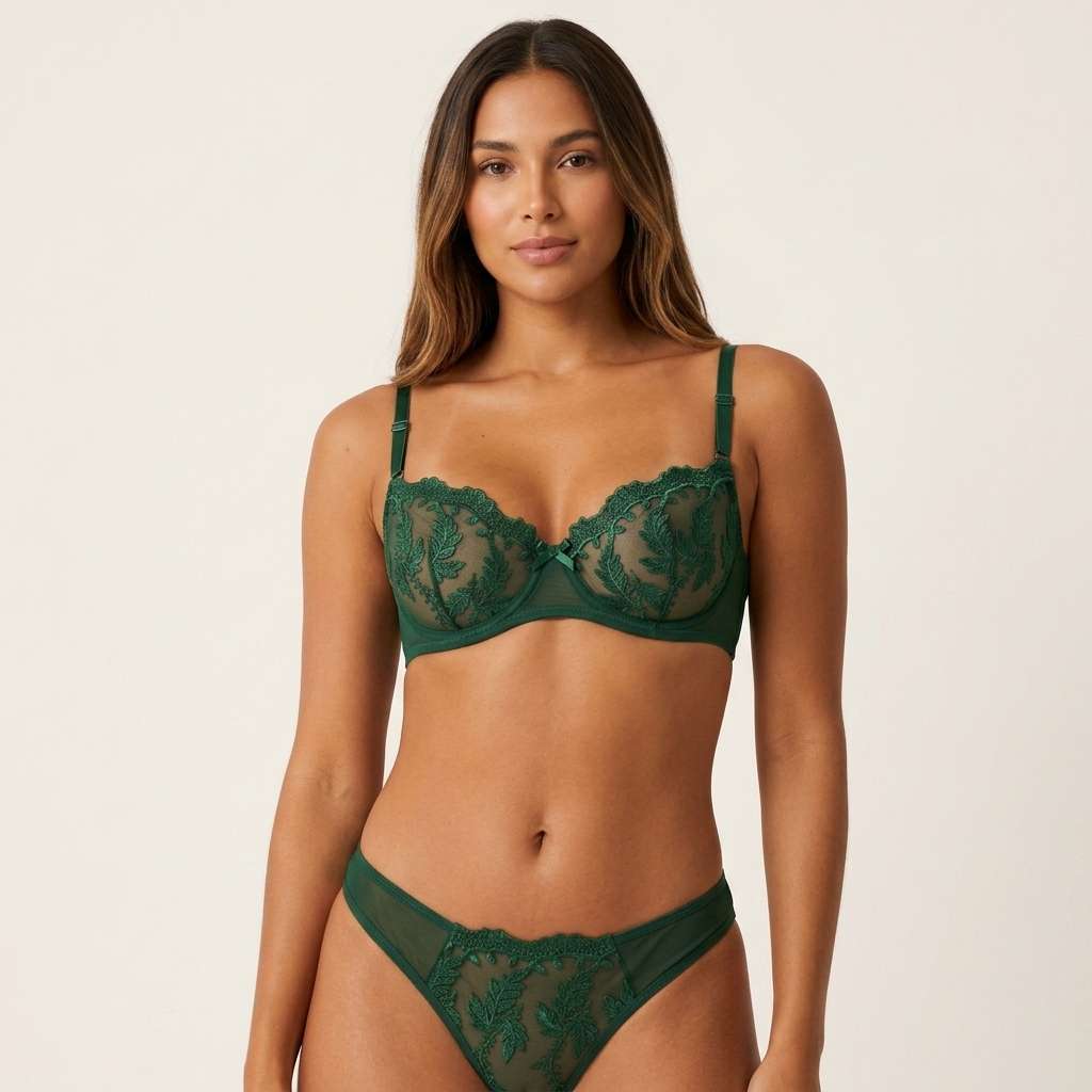 Conjunto de Lingerie Bordado Floral com Bojo – Doce Malícia - Verde Escuro