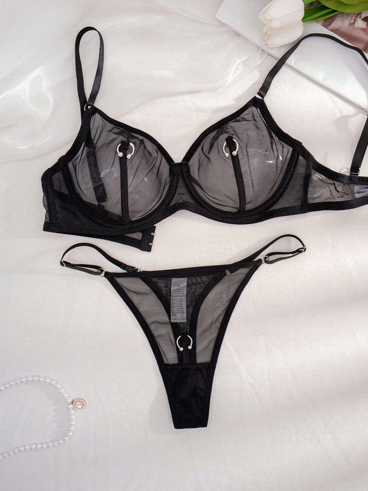 Conjunto de Lingerie Tule Transparente com Argola Preto – Doce Malícia