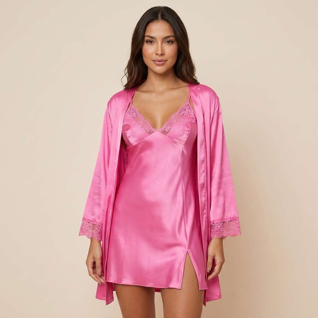 Conjunto Camisola e Robe de Cetim com Renda – Doce Malícia - Rosa chiclete