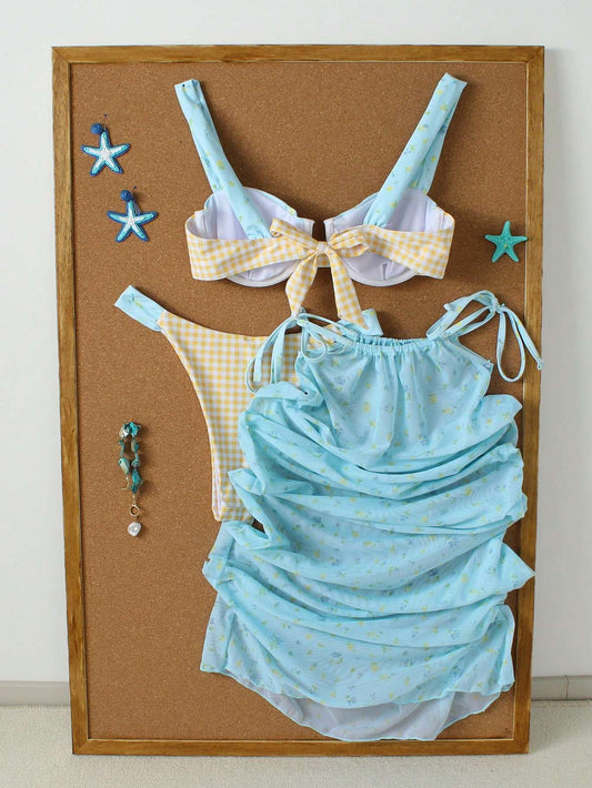 Conjunto Praia Biquíni Xadrez + Vestido Floral – Doce Malícia