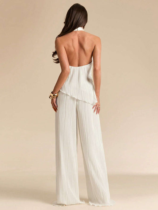 Conjunto Halter Plissado Calça Pantalona Off-White – Doce Malícia
