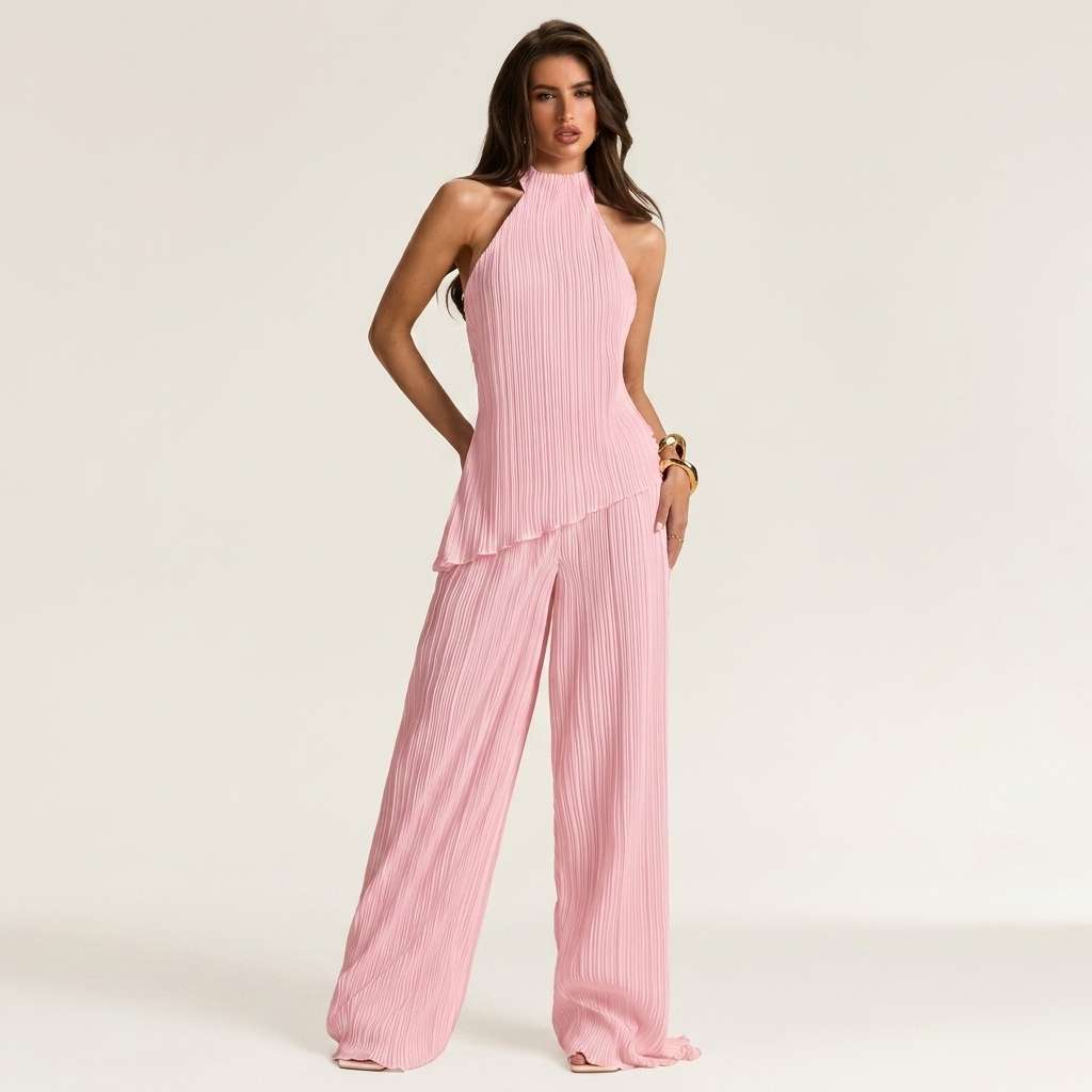Conjunto Halter Plissado Calça Pantalona Off-White – Doce Malícia - Rosa Bebê