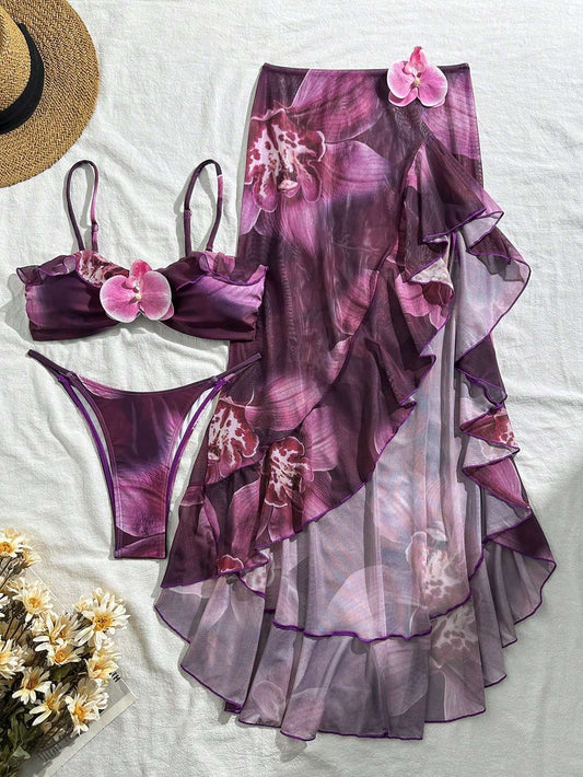 Biquíni 3 Peças Floral Roxo com Saída de Praia – Doce Malícia