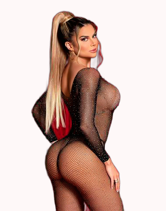 Macacão Bodystocking Sensual com Brilho em Strass e Abertura Íntima – Doce Malícia