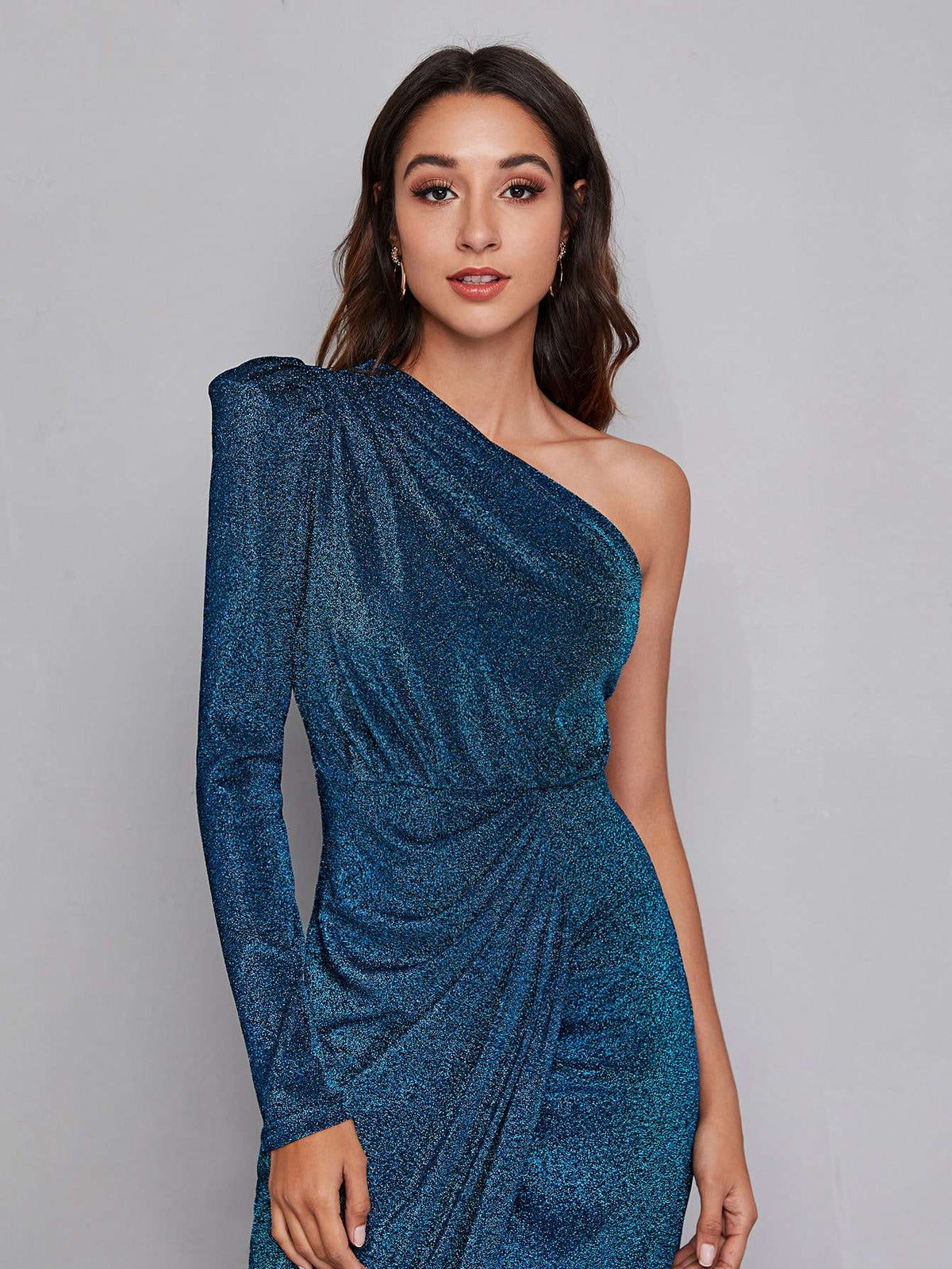 Vestido Midi Feminino Lurex Ombro Único Azul – Doce Malícia
