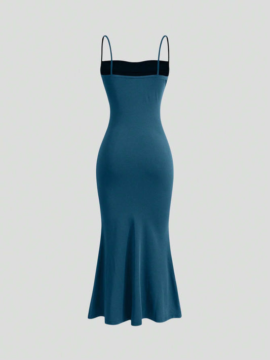 Vestido Midi Alças Finas Franzido Azul Petróleo – Doce Malícia
