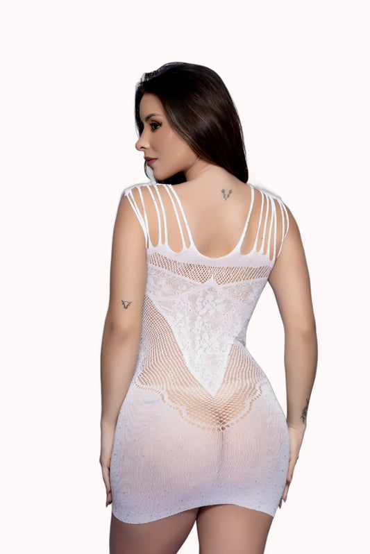 Vestido Bodystocking Branco com Strass – Doce Malícia