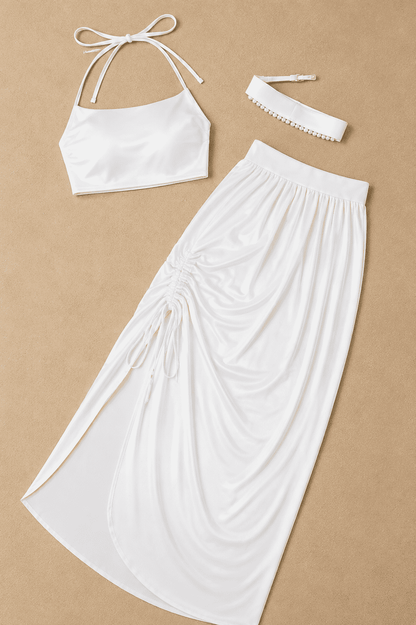 Conjunto Nay Saia Longa Drapeada e Cropped - Branco