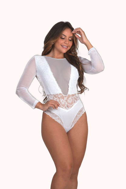 Body manga longa em renda e tule – Doce Malícia