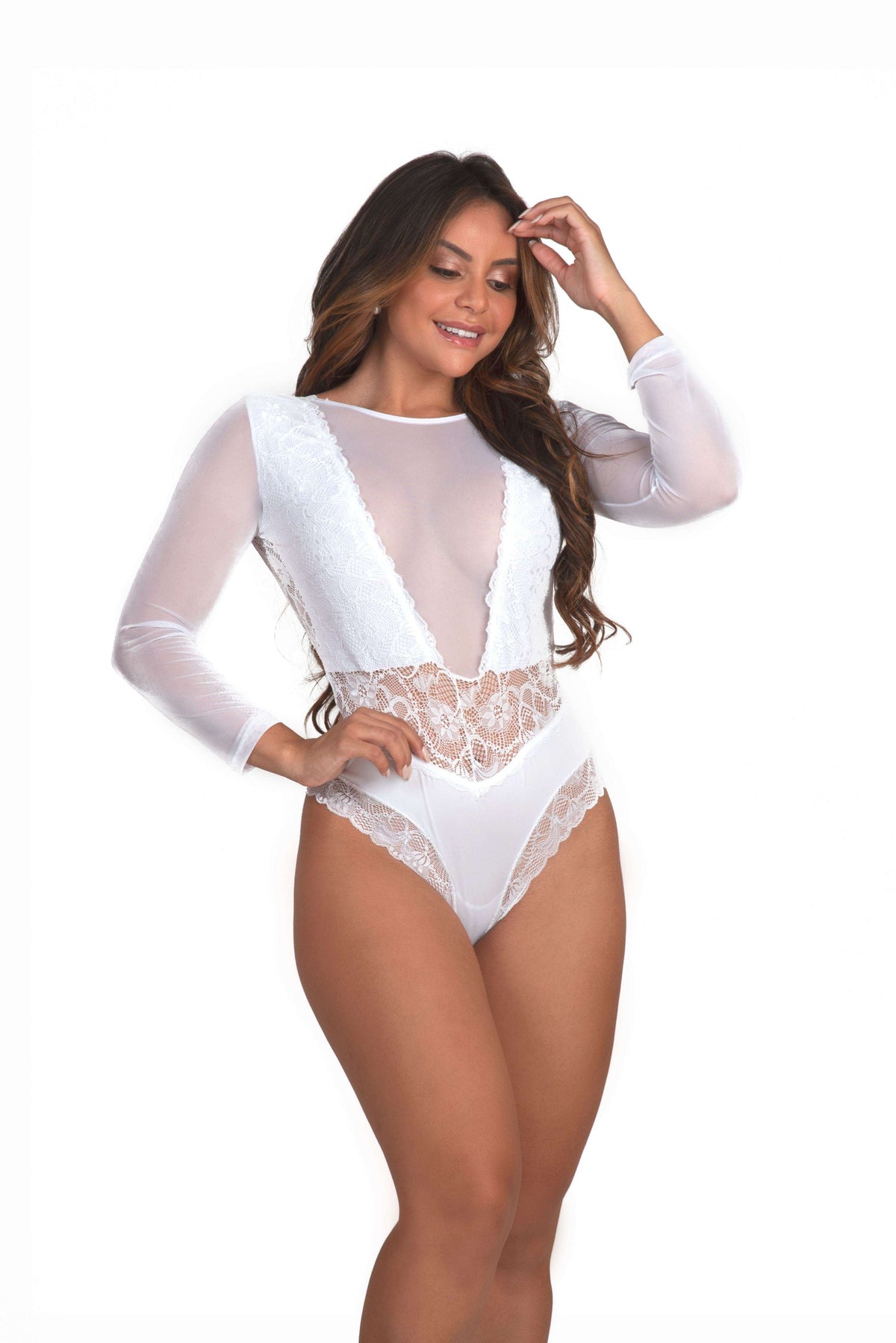 Body manga longa em renda em Branco – Doce Malícia