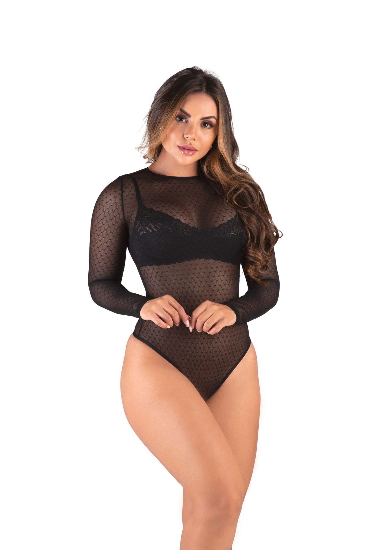 Body manga longa em tule dot em Branco – Doce Malícia