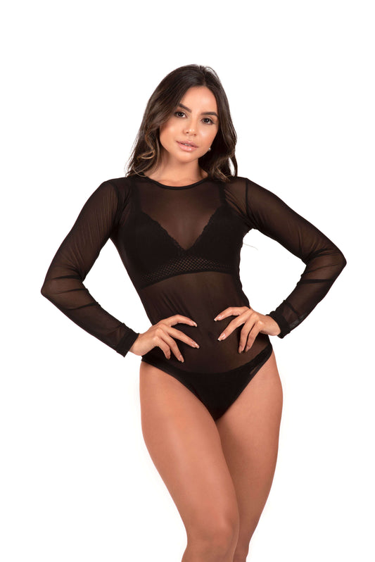 Body manga longa em tulle transparente em Branco – Doce Malícia