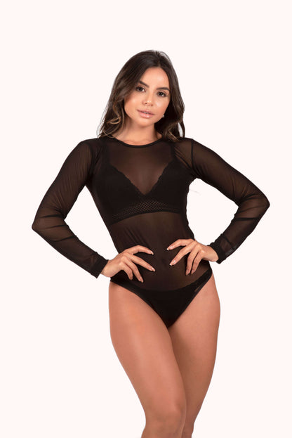 Body manga longa em tulle transparente – Doce Malícia