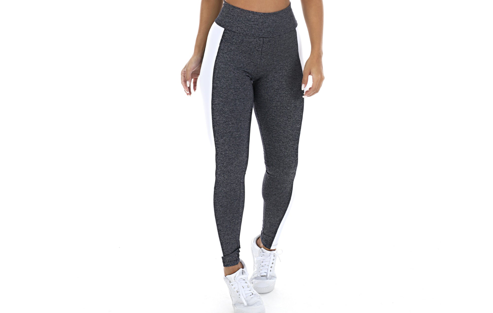 Calça legging mescla com faixa branca em cinza mesclado – Doce Malícia