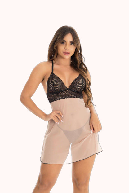 Camisola em Renda com Transparência e Calcinha – Doce Malícia