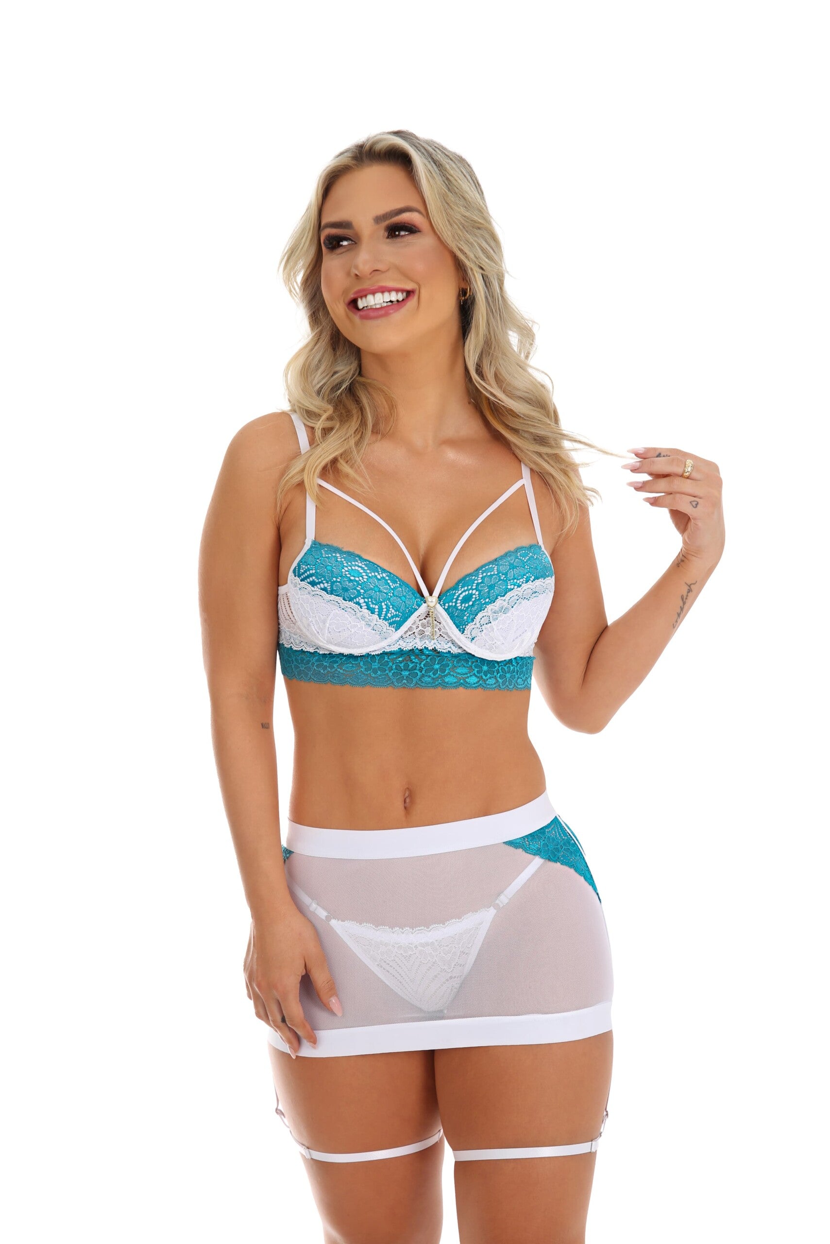 Conjunto Sexy com Saia Fetiche em Branco/verde – Doce Malícia