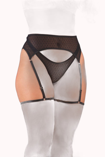 Conjunto sexy em tule dot com cinta liga – Doce Malícia