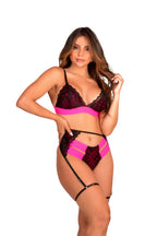 Conjunto sensual com cinta liga em Rosa Neon – Doce Malícia