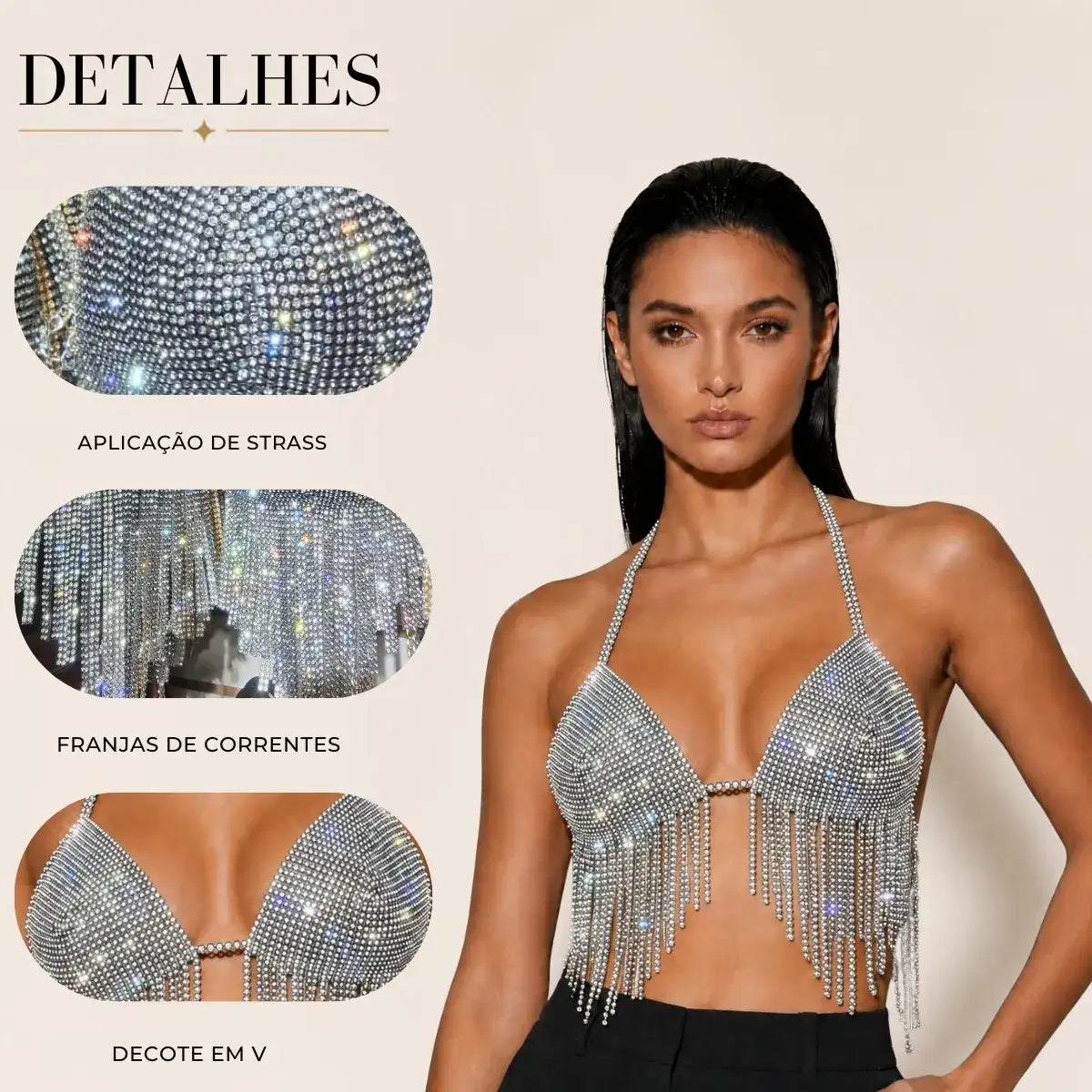 Cropped New Glam Strass Alça Tecido - Prata