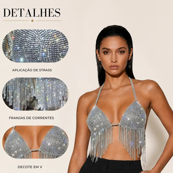 Cropped New Glam Strass Alça Tecido - Prata — Doce Malícia