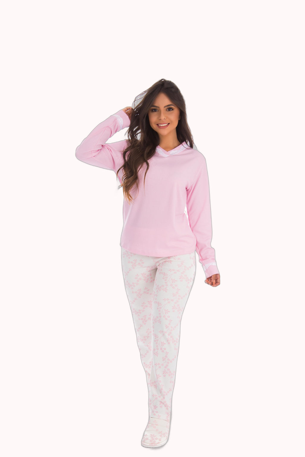 Pijama com calça estampada e detalhe em renda – Doce Malícia