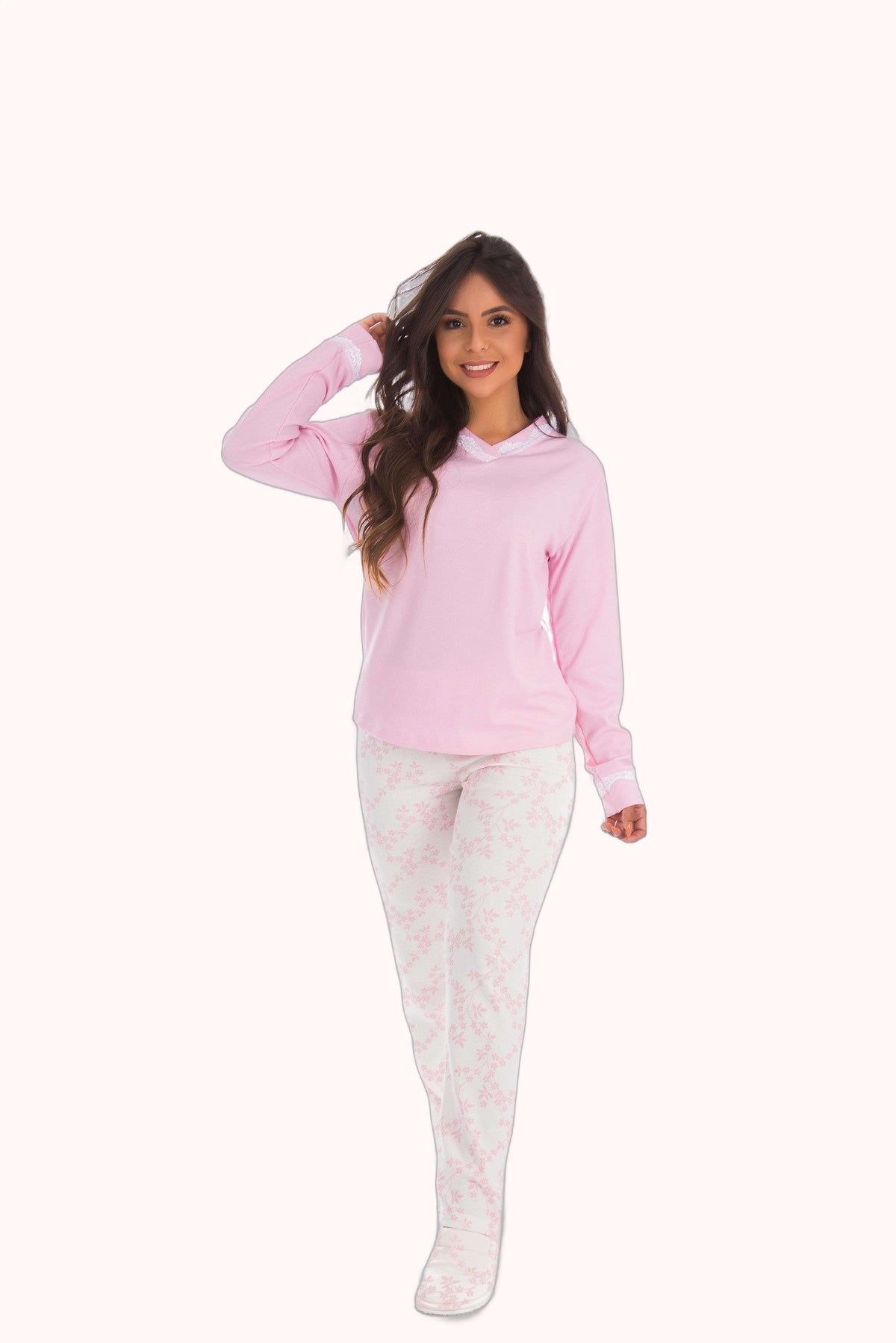 Pijama com calça estampada e detalhe em renda – Doce Malícia