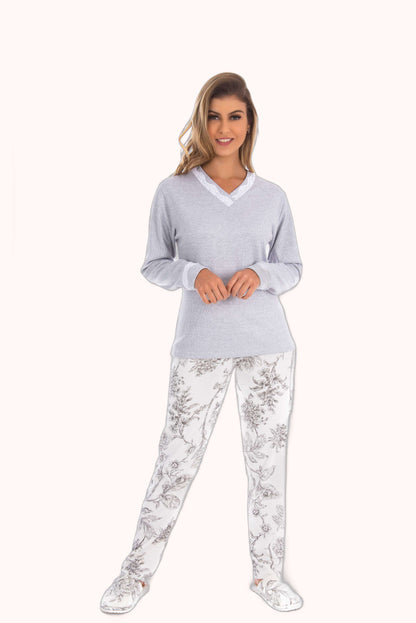 Pijama com calça estampada e detalhe em renda – Doce Malícia