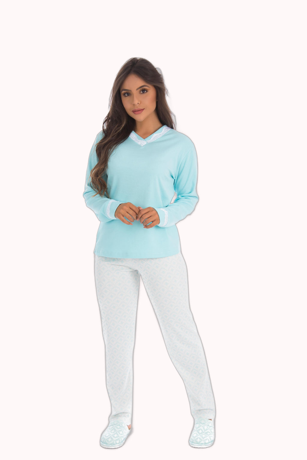 Pijama com calça estampada e detalhe em renda – Doce Malícia