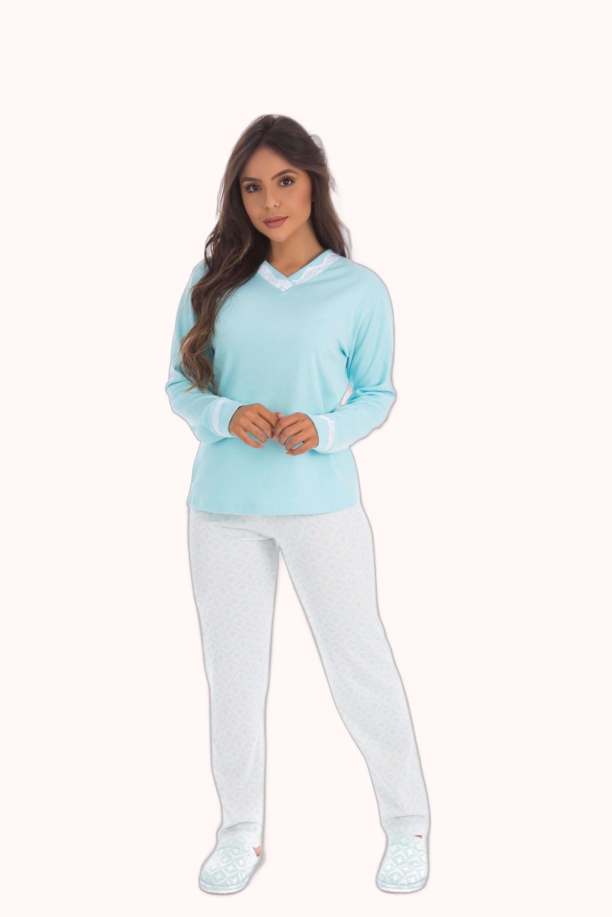Pijama com calça estampada e detalhe em renda – Doce Malícia