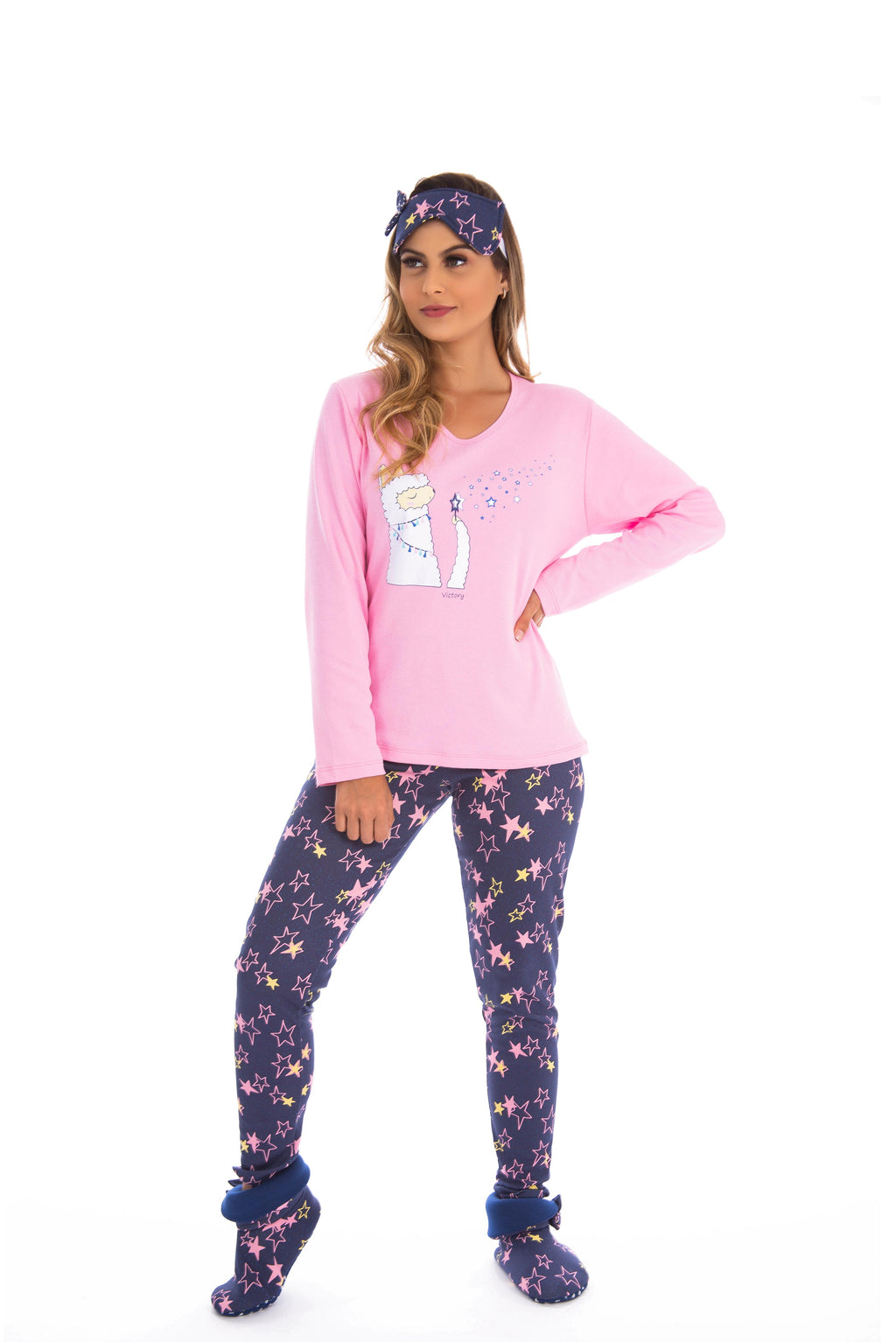 Pijama estampado manga longa em azul-Marinho – Doce Malícia