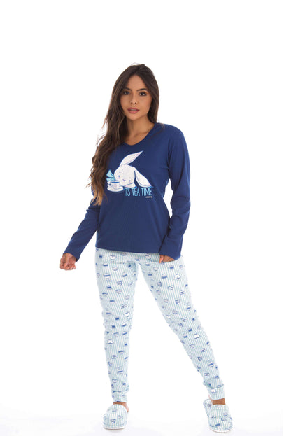 Pijama estampado manga longa em azul-Marinho – Doce Malícia
