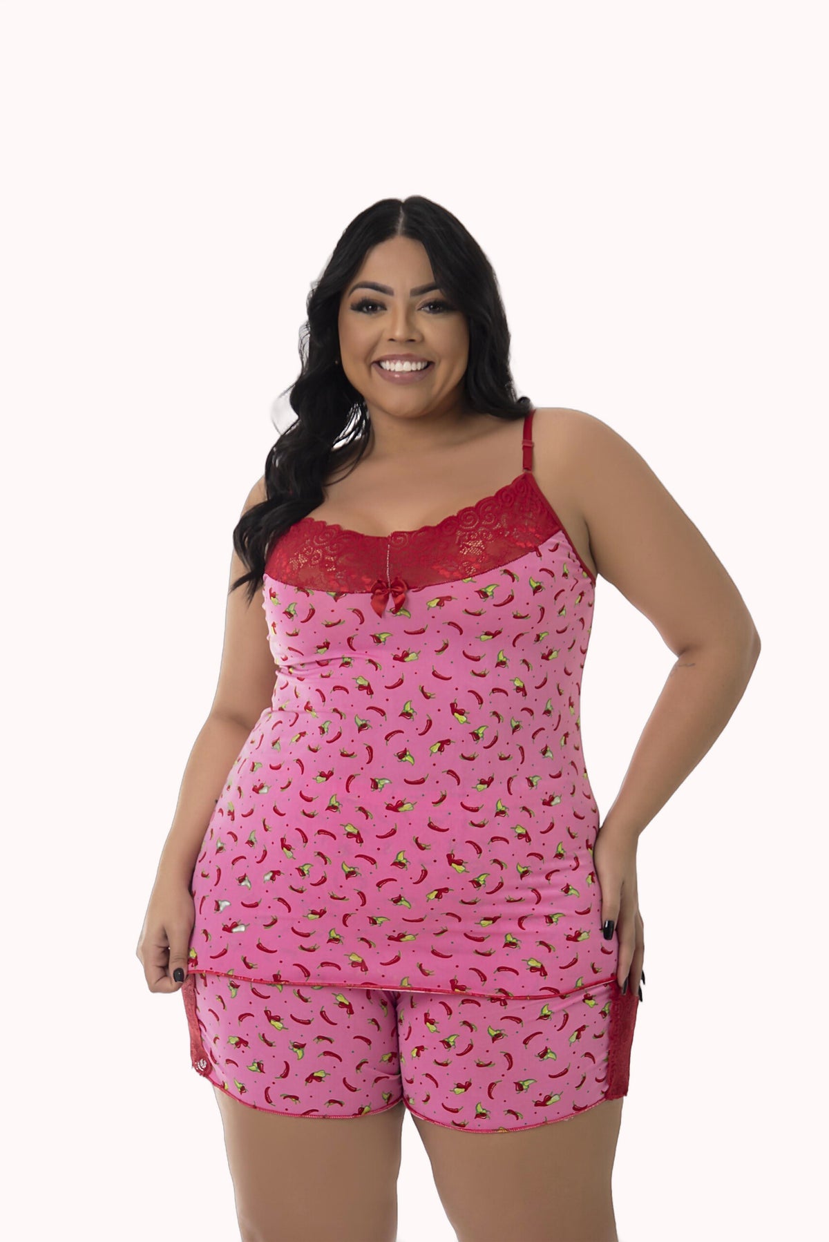 Short Doll em Liganete Estampado com Renda Plus Size