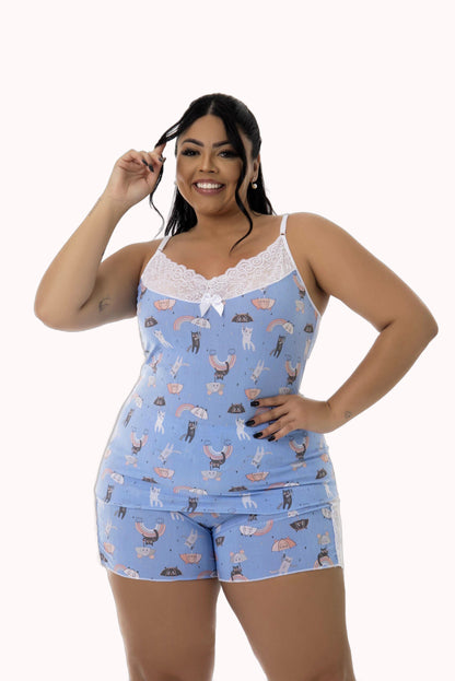 Short Doll em Liganete Estampado com Renda Plus Size