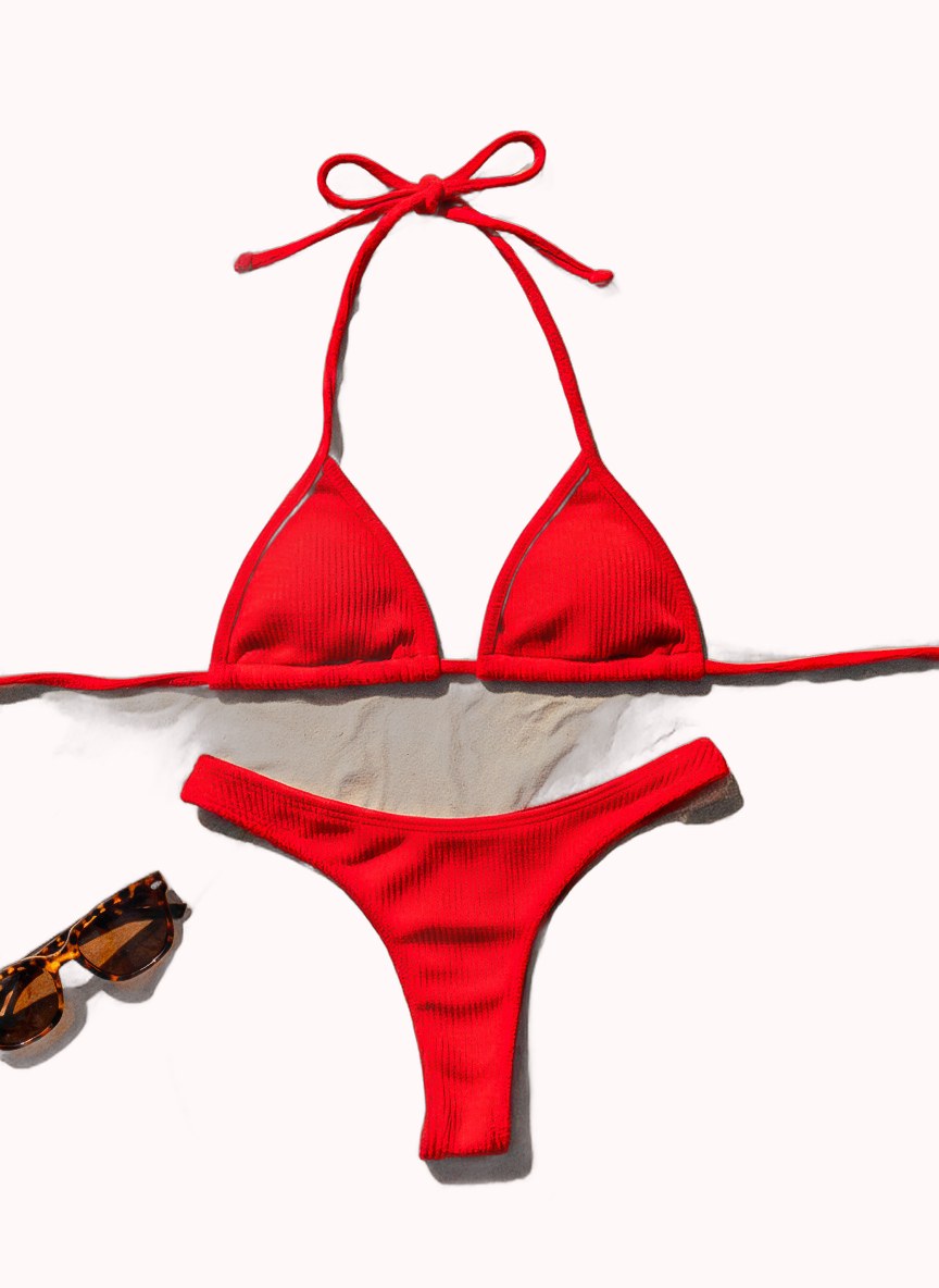 Biquíni Cortininha Canelado Brilhoso Vermelho – Doce Malícia