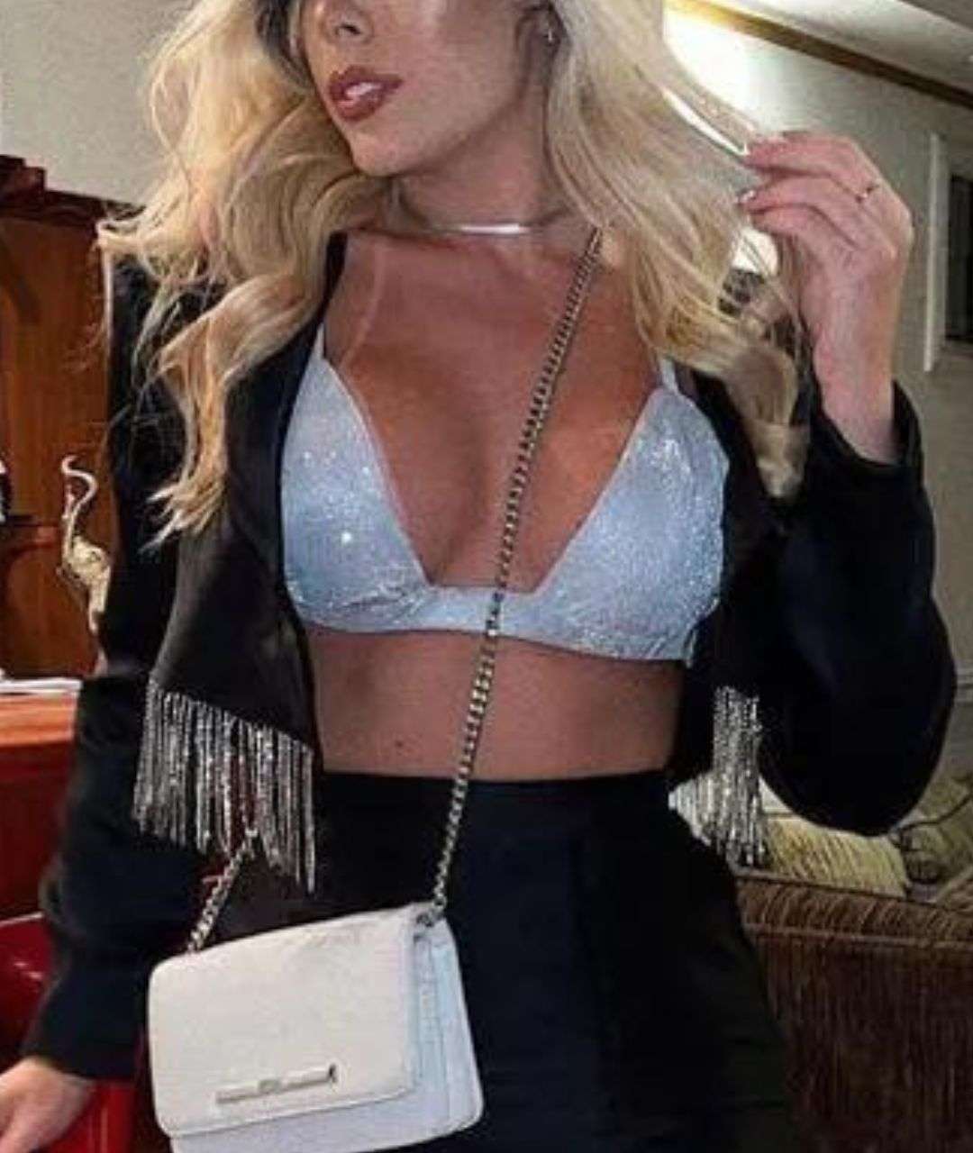 Blazer Gabi Alfaiataria Franja Strass - Preto