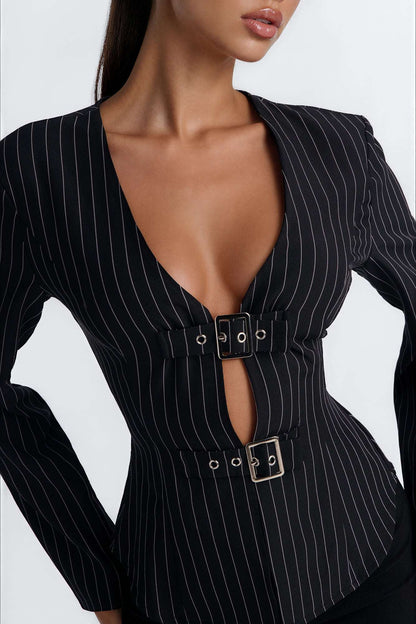Blusa Feminina Decote V Listrado Preto – Doce Malícia
