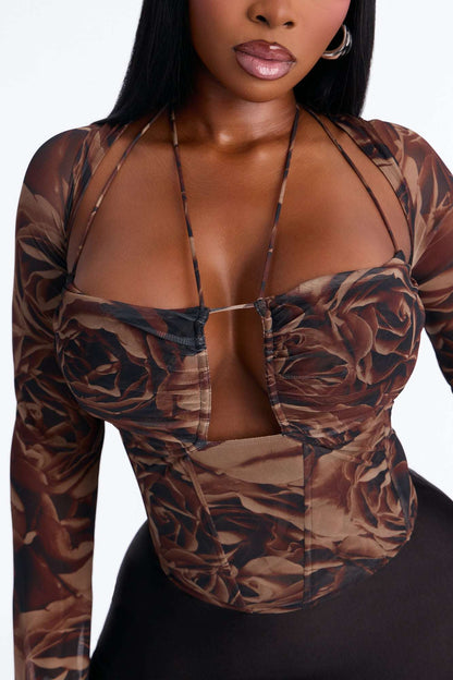 Blusa Feminina Floral Estampado Alcinha Marrom – Doce Malícia
