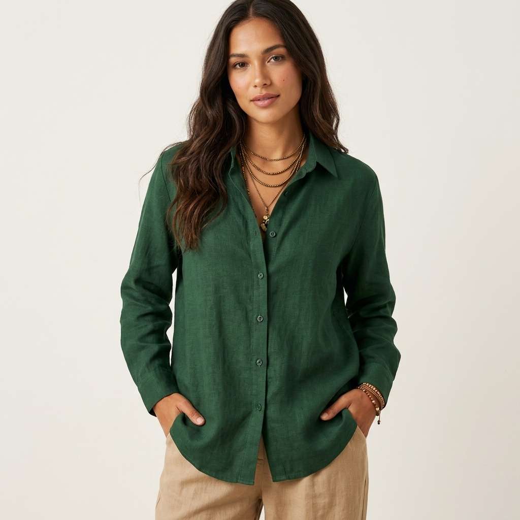 Blusa Feminina Linho Manga Longa Branco – Doce Malícia - Verde Escuro