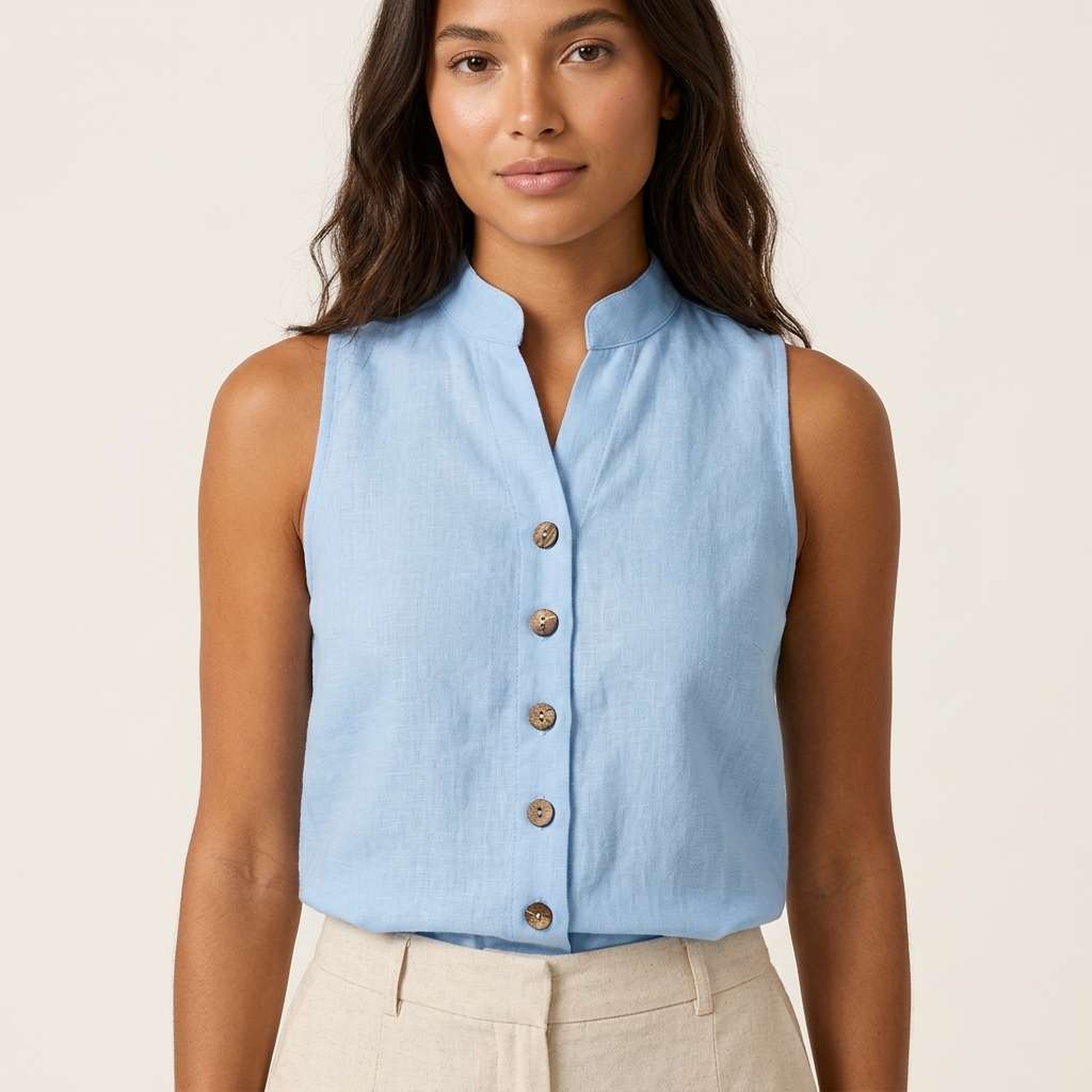 Blusa Linho Gola V Botões Off-White – Doce Malícia - Azul Bebê