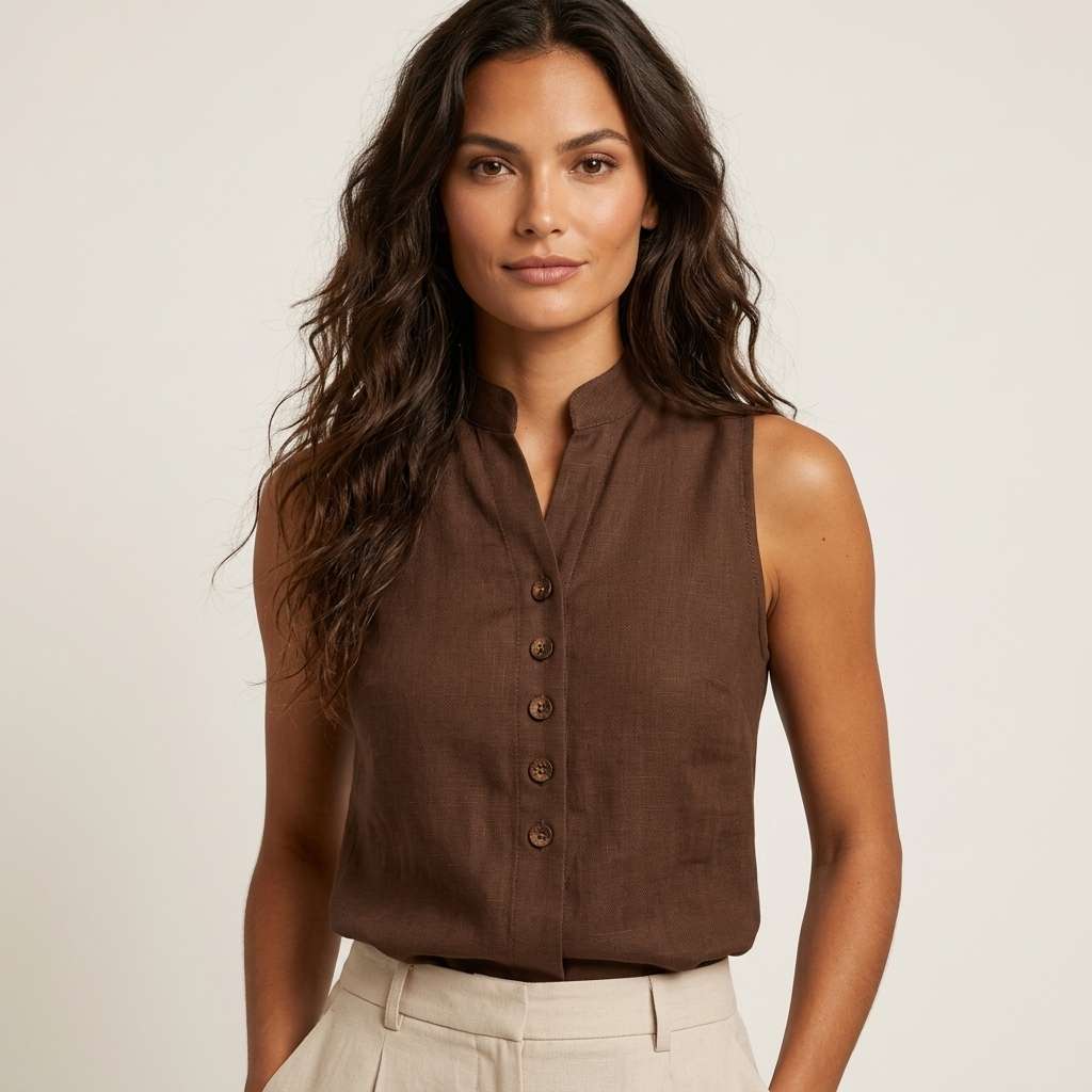 Blusa Linho Gola V Botões Off-White – Doce Malícia - Café