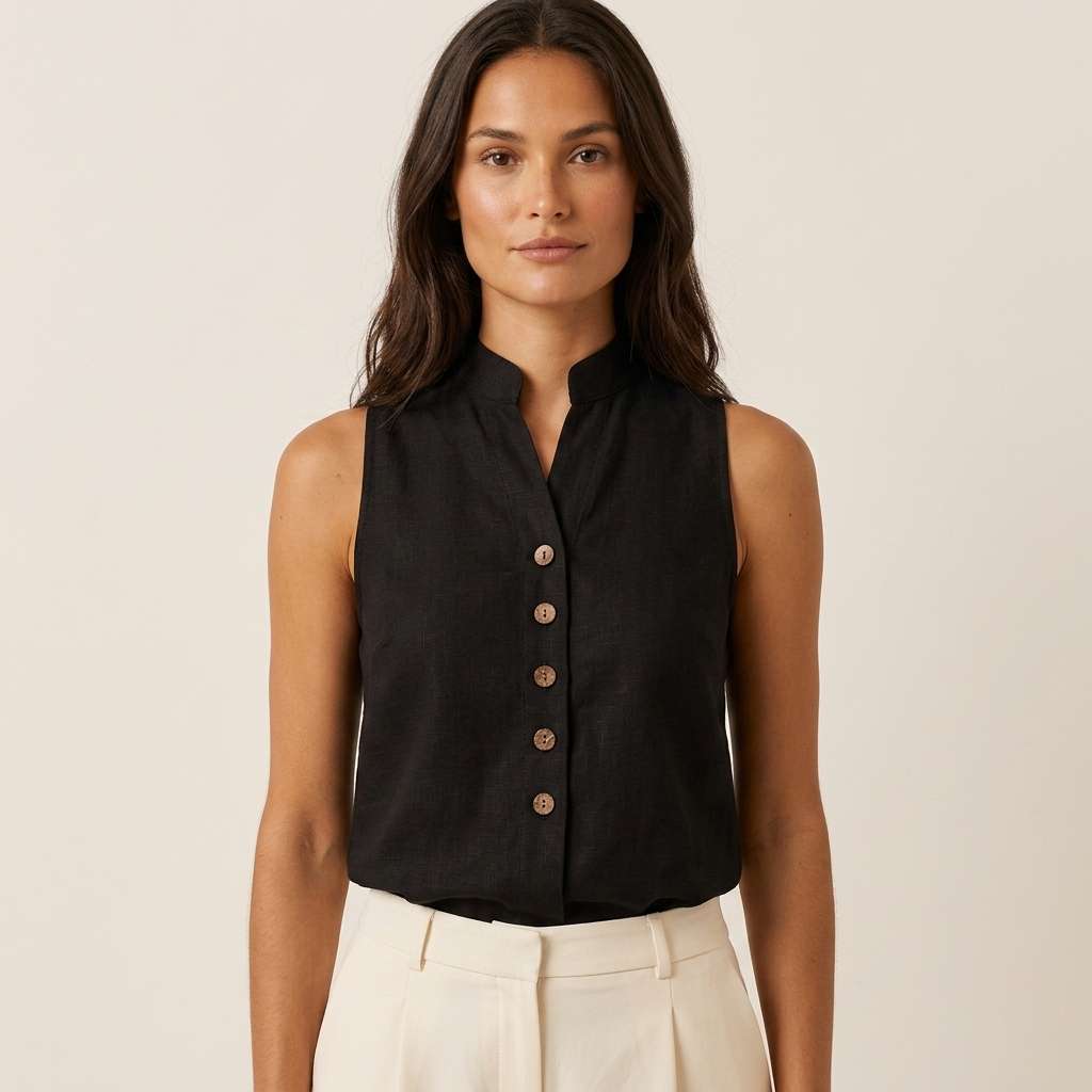 Blusa Linho Gola V Botões Off-White – Doce Malícia - Preto