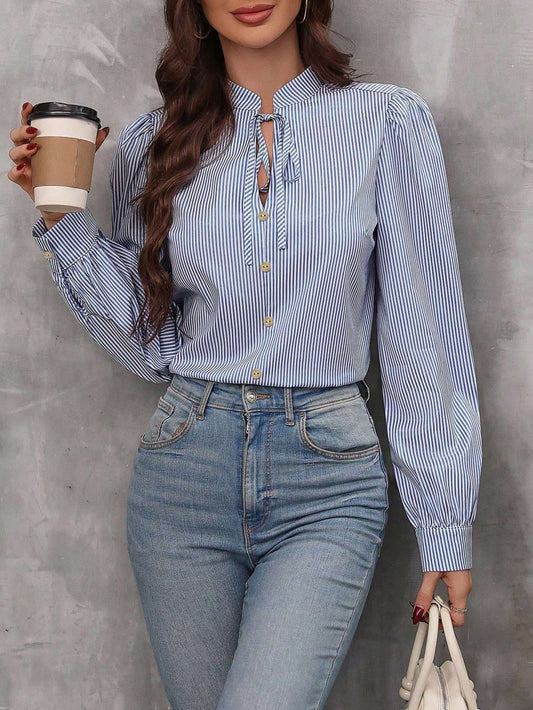 Blusa Listrada Manga Bufante Gola Amarração – Doce Malícia