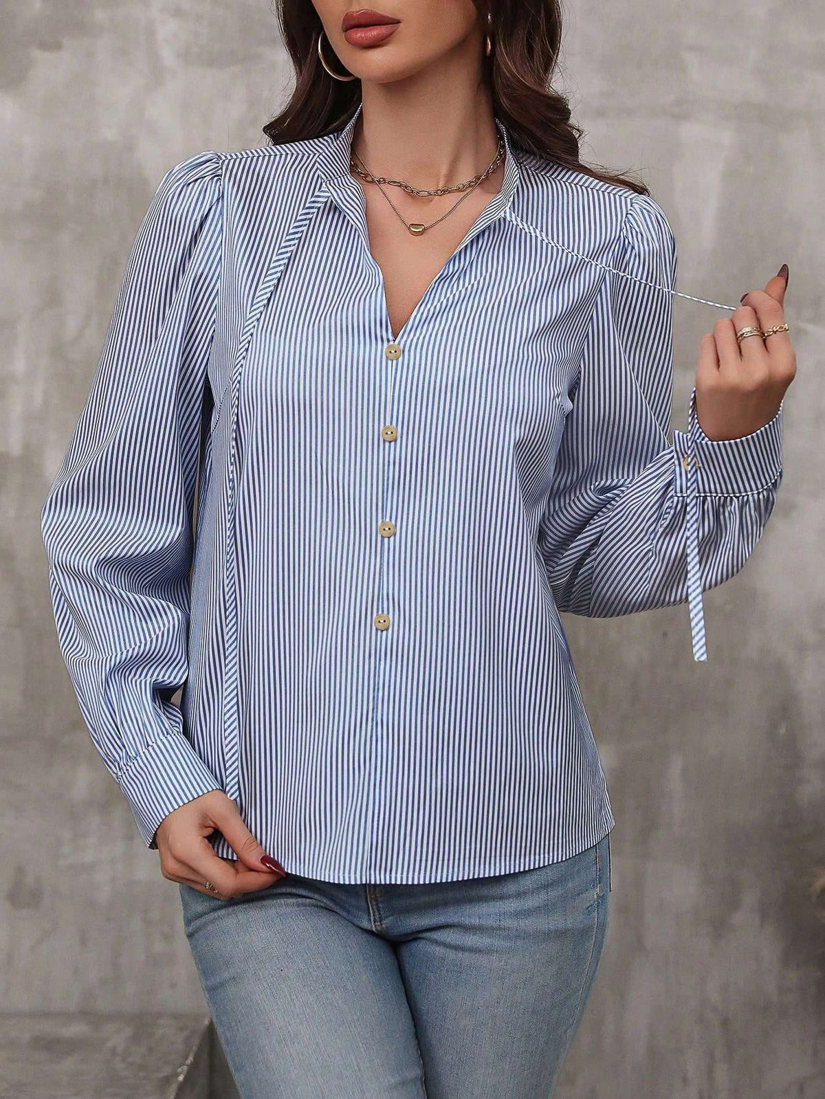 Blusa Listrada Manga Bufante Gola Amarração – Doce Malícia