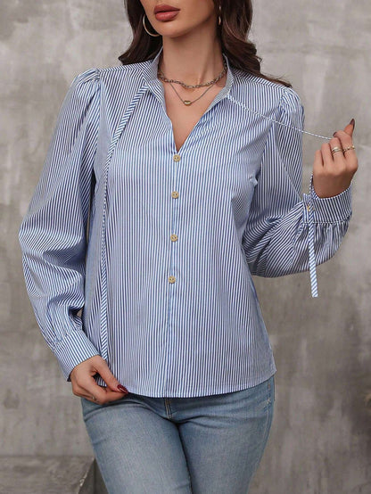 Blusa Listrada Manga Bufante Gola Amarração – Doce Malícia
