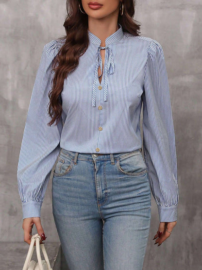 Blusa Listrada Manga Bufante Gola Amarração – Doce Malícia