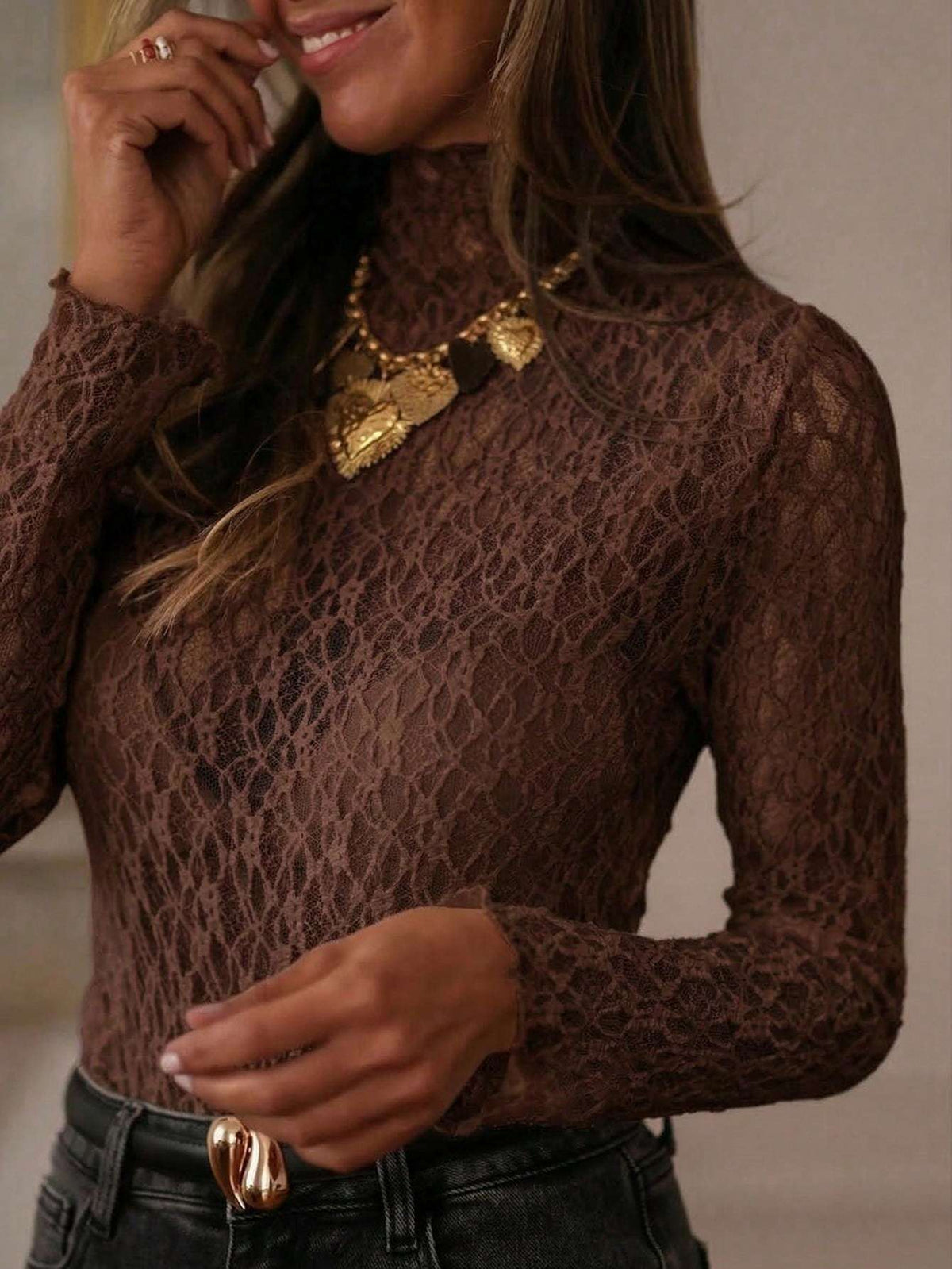 Blusa Feminina Renda Manga Longa Castanho – Doce Malícia